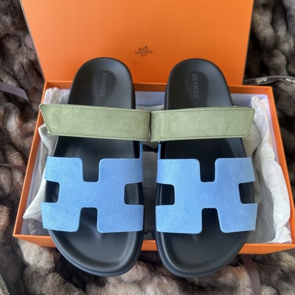 Hermes Shoes - NEW Hermes Womens Chypre suede Bleu Cameo Vert Celadon Sandals Size 38